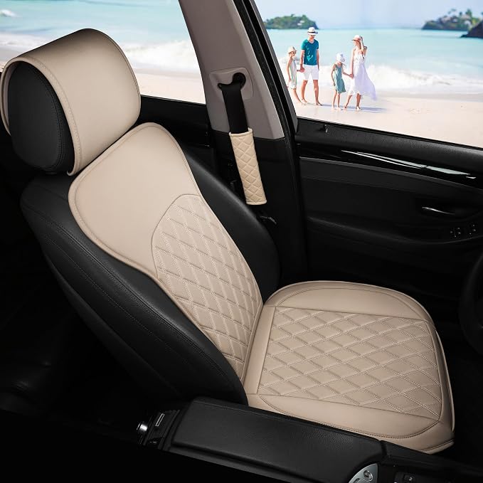 Front Car Seat Covers - Leather Seat Covers with Storage Pocket and Two Belt Pads, Anti-Slip Waterproof Universal Seat Covers for Cars Fit Cars Trucks SUV(Beige,2 Pack) - Image 7