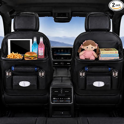 2 Pack Leather Look Car Backseat Organizer with Tablet Holder, Foldable Tray, 8 Storage Pockets, Cup Holder, Tissue and Umbrella Slots, Seat Back Protector Kick Mat for Cars SUVs Trucks by ZNTEZED