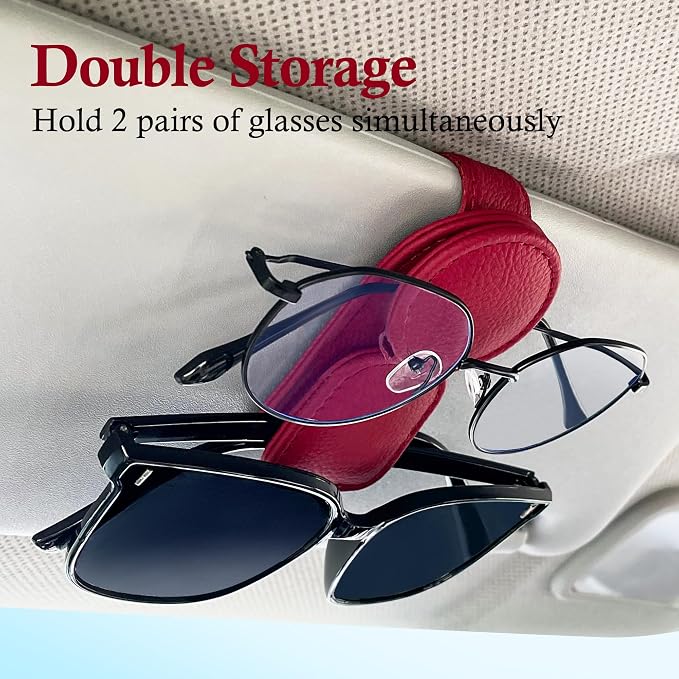KIWEN 2 Pack Sunglasses Holder for Car Visor, Magnetic Leather Sunglass Eyeglass Hanger Clip for Car Sun Visor Accessories (2, Red) - Image 3