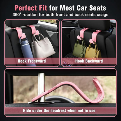 4-Pack Car Headrest Hooks Holds 55lbs Seat Storage Organizer for Bags | Durable ABS Material, 360° Rotating, Car Hanger for Backpack Umbrella Water Bottle Coat Handbags Groceries, Checkered Pink - Image 3
