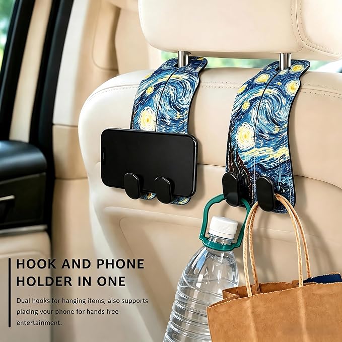 Car Seat Back Headrest Hooks - 2 Pack, The Starry Night Pattern Purse Hook for Car, Metal Leather Multifunctional Auto Hanger Organizer for Bags Water Bottles Phones - Image 5
