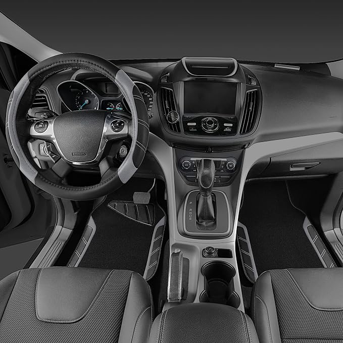 CAR PASS Leather Steering Wheel Cover and Waterproof Car Floor Mats,Microfiber Universal Car Combo Fit for 95% Sedan,SUV,Cars,14.5-15inch Sporty Anti-Slip Safety Comfortable Design(Black＆Gray) - Image 2
