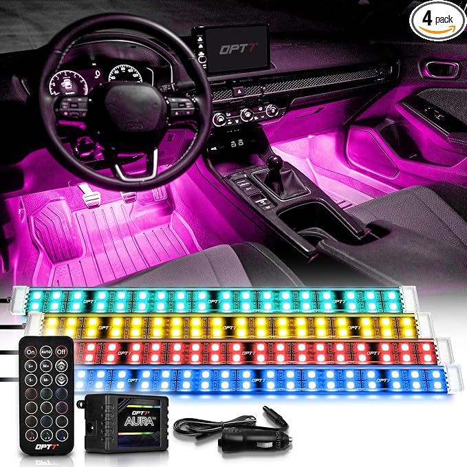 OPT7 Aura Double Glow RGB Interior Show Car Lights with Remote Control | Ultra Bright Ambient Glow, Multicolor Double LED Strips, Sports Car Decoration, 12V JDM Accessories, Sound Sync Lighting by OPT7