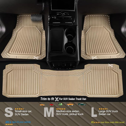 CAR PASS Heavy Duty Rubber Floor Mats for Car, Waterproof Liner Deep Dish Car Mats Full Sets, Universal Trim to Fit for SUV Truck Sedans Vans, All Weather Automotive Floor Mats 3pcs, Solid Beige - Image 2
