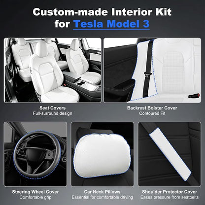 AOMSAZTO Custom Fit Seat Cover for Tesla Model 3 2017-2023(Not Performance) | Faux Leather,Waterproof,Airbag Compatible,5-Pieces Set with Seatbelt,Steering Wheel Covers,Side Bolster Cover&Headrests-Black - Image 3