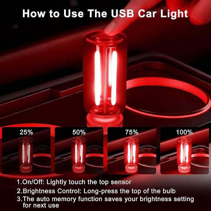 Car USB Night Light Touch Dimmable - 1-Pack Retro LED Filament Lamp for Truck Interior, Bedroom & Camping | Glass Bottle Ambiance Lighting (Red) - Image 4
