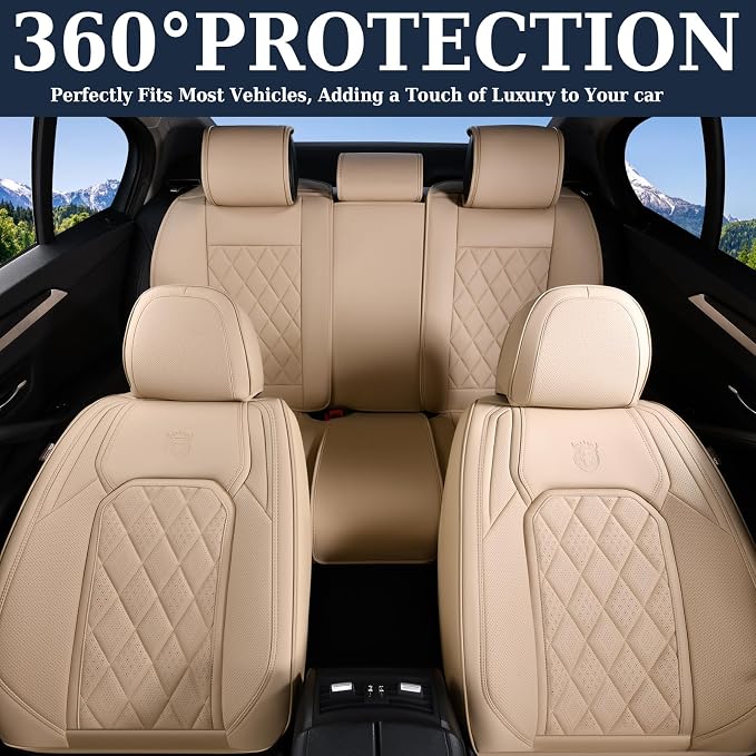 Coverado Car Seat Covers Full Set, 5 Seat Universal Seat Cover for Cars, Luxury Faux Leather Waterproof Seat Covers, Front and Back Car Seat Protector, Auto Seat Covers Fit for Most Vehicles, Beige - Image 7