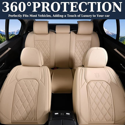Coverado Car Seat Covers Full Set, 5 Seat Universal Seat Cover for Cars, Luxury Faux Leather Waterproof Seat Covers, Front and Back Car Seat Protector, Auto Seat Covers Fit for Most Vehicles, Beige - Image 7