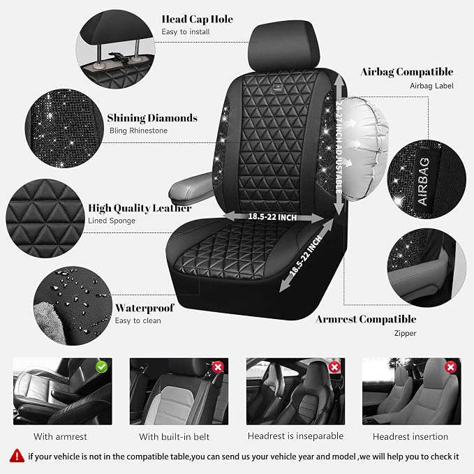 CAR PASS Bling Diamond Leather Car Seat Covers 2 Front Seats Interior Sets, Waterproof Shining Glitter Sparkly Crystal Universal Armrest Fit Automotive Truck SUV Cute Women Girl, Black PU Rhinestone - Image 3