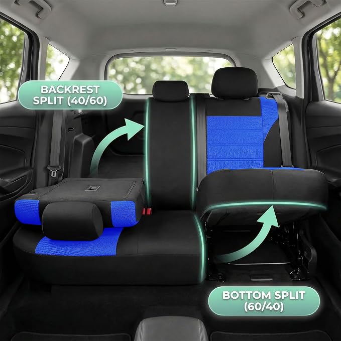 FH Group Automotive Car Seat Covers Full Set Premium 3D Air Mesh Front Seat Covers, Airbag Compatible & Split Bench Cover Universal Fit Interior Accessories for Cars Trucks and SUVs - Blue - Image 3