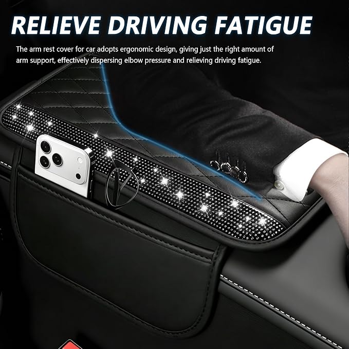 Stacool Upgraded Car Center Console Cover with Rhinestones,Microfiber Leather Car Armrest Cover Cushion with 2 Storage Bags,Universal Cars Armrest Storage Box as Cars Interior Accessories - Image 4
