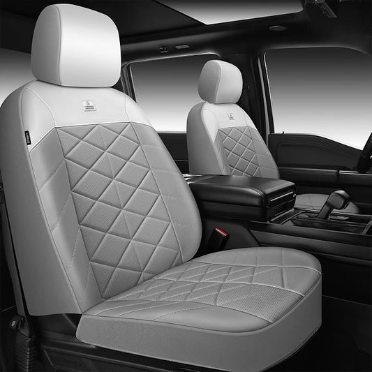 CAR PASS Memory Foam Leather Front Seat Covers, Waterproof Nappa Leather Seat Covers Front Seats Universal Fit for Cars,SUV,Truck Seat Covers Thick 3D Foam Comfortable, Airbag Compatible Gray White by CARPASS