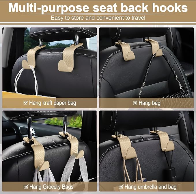 LivTee Car Purse Hook, Headrest Hook for Car, 4 Pack Universal Auto Car Seat Headrest Hook Hangers Organizer for Purse Coat Umbrellas Grocery Bags Handbag, Car Accessories - Carbon Fiber Beige - Image 5