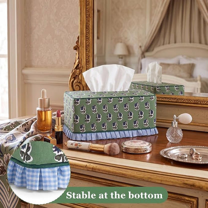 Block Print Fabric Tissue Box Cover, Flower Buds, Sage Green | Rectangular Ruffle Sleeve, Decorative Holder for Bathroom Vanity Car, Napkin Dispenser Grand Millennial Boho Decor Home - Image 5