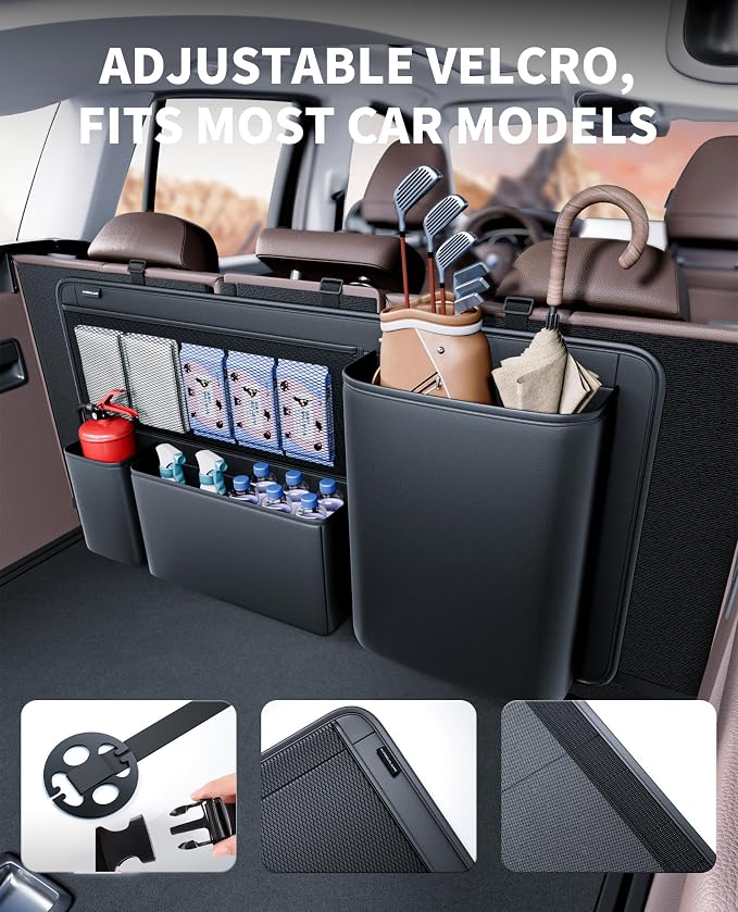 PU Leather Hanging Trunk Organizer, 36in Black | Sturdy Non-Sagging, Tool-Free Install, Fits SUV & Truck, Waterproof Easy Clean, Vertical Backseat Storage - Image 3