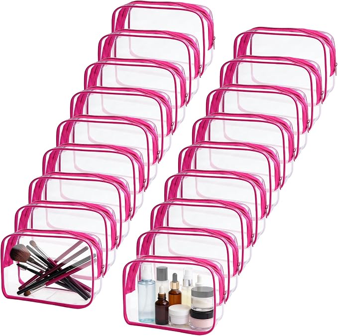 18 Pieces Small Clear Makeup Bags Bulk, TSA Approved Toiletry Bag Clear Cosmetic Pouch with Zipper, Waterproof Vinyl Plastic Organizer Case for for Women Carry-on Travel Essentials (Rose Red) by YOQIVEXU