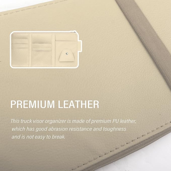 Car Visor Organizer with Sunglass Holder,Multi-Functional Car Sun Visor Organizer with Zipper for Cards,Money,Tickets,Leather Interior Accessories (Beige) - Image 3