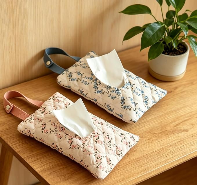 Portable Quilted Floral Tissue Holder – Hanging Fabric Tissue Box Cover with Strap, Reusable Tissue Dispenser for Baby Stroller, Car, Bedroom, Kitchen, Office & Travel,10.2 X 5.9 Inch (Pink) - Image 8