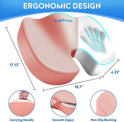 CushZone XXL Memory Foam Seat Cushion for Office & Car, Pink | U-shaped Coccyx Cutout, Contoured Design, Breathable Removable Mesh Cover, Non-Slip Base, Carry Handle - Image 3