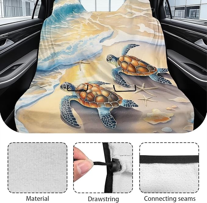 Beach Turtle Starfish Seashell Print Back Seat Cover for Car Trucks Van SUV, Waterproof Rear Bench Towel Seat Covers for Dogs and Kids, Sweat-Absorbent Automotive Backseat Protector - Image 6