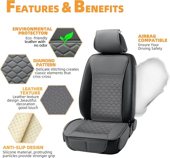 Elantrip Leather Car Seat Covers Front 2PC Waterproof Universal Fit Gray | Versatile gray faux leather — waterproof, scratch-proof & UV-resistant - Image 3