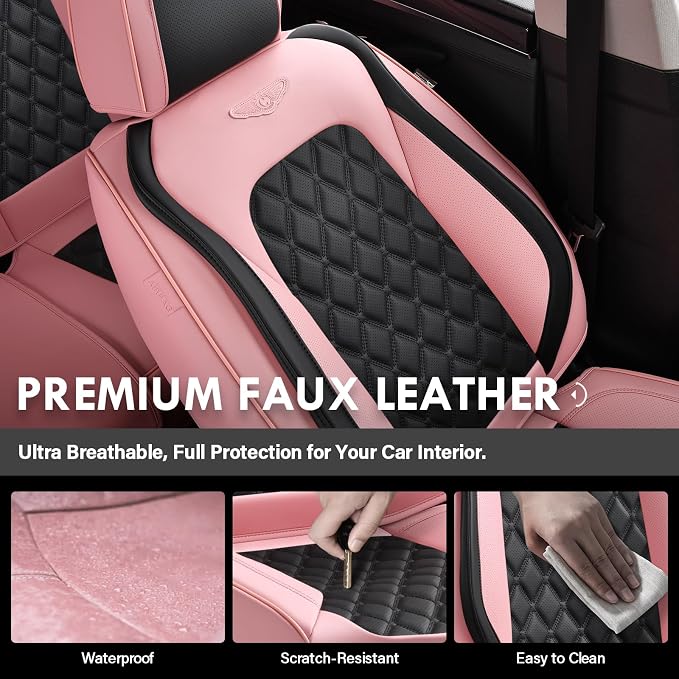 Coverado Universal Car Seat Covers Full Set, Stylish Waterproof Faux Leather Front & Rear Seat Protectors for Sedan SUV Truck, Luxury Fashion Interior – PinkBlack - Image 3