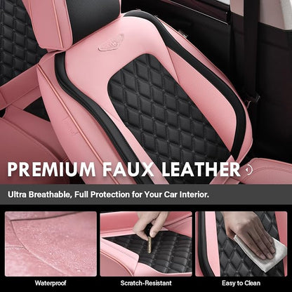 Coverado Universal Car Seat Covers Full Set, Stylish Waterproof Faux Leather Front & Rear Seat Protectors for Sedan SUV Truck, Luxury Fashion Interior – PinkBlack - Image 3