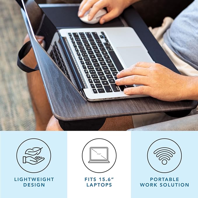 LAPGEAR Home Office Pro Lap Desk - Gray Woodgrain, Fits 15.6” Laptops | Built-In Mouse Pad & Phone Slot, Wide Cushioned Wrist Rest, Dual-Bolster Microbead Cushion, Carry Handle - Image 2