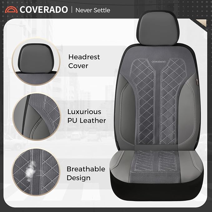 Coverado Car Seat Covers 2-Pack, Luxury Front Seat Covers, Automotive Car Seat Protectors, Gray Driver Seat Covers Universal Fit for SUVs, Trucks, Sedans - Image 3