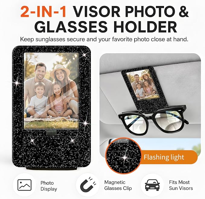 2-in-1 Car Visor Sunglasses & Photo Holder, Magnetic PU Leather Glasses Clip with Picture Display Slot, Universal Sun Visor Organizer for Eyeglasses, Personalized Cards & Memories, Black Glitter - Image 3
