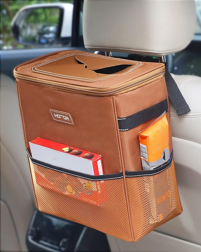 HOTOR Brown Car Trash Can with Adjustable Strap, Magnetic Snaps, Waterproof Lining, and Storage Pocket | Brown, Multifunctional Car Accessory with Adjustable Straps & Magnetic Snaps for Interior Car Storage by HOTOR