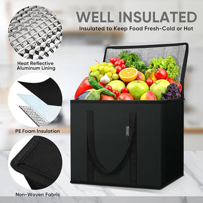 BALEINE 2Pk Insulated Reusable Grocery Bags, Collapsible Cooler Bag for Groceries, Heavy Duty Large Insulated Bag (16''x9''x13'', Charcoal Black) (Pack of 3) - Image 2