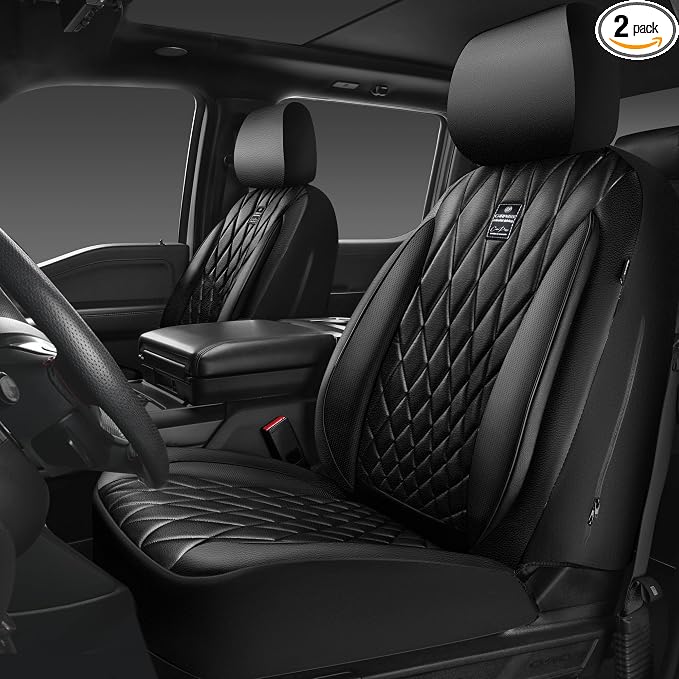 CAR PASS Piping Luxury Faux PU Leather Two Front Car Seat Covers, Waterproof Anti Slip Seat Covers Compatible with Front Seat Armrests,Universal Fit for Suvs,Vans,Trucks, Airbag Compatible(All Black) by CARPASS