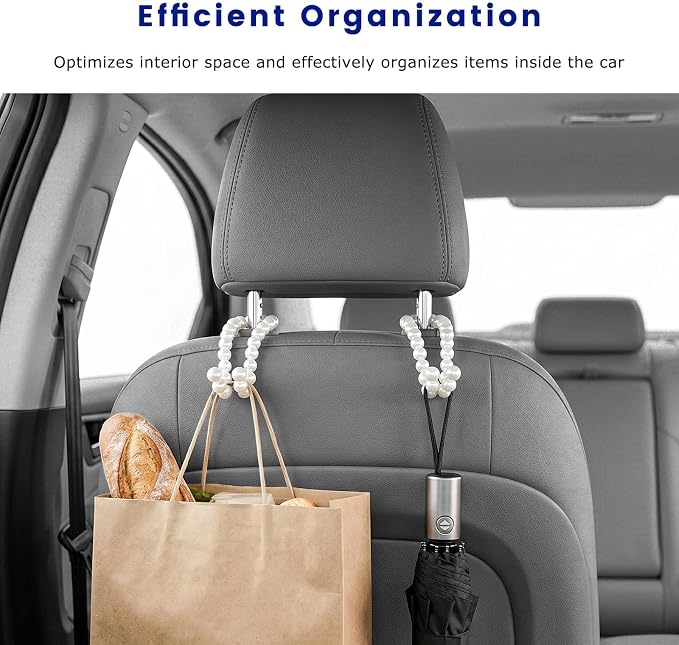 2PCS Elegant Pearl Car Seat Headrest Hook, Exquisite Auto Seat Back Hanger Storage Hook for Handbag Purse, Cute Pearl Headrest Storage Organizer Interior Decor for Women Girls - Image 5