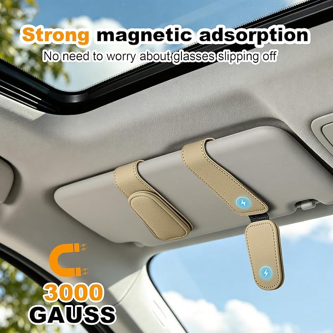 2 Pack Sunglass Holder for Car Visor Magnetic Leather Visor Sunglasses Clip Eyeglass Hanger Clip for Car Sun Visor Beige - Image 2