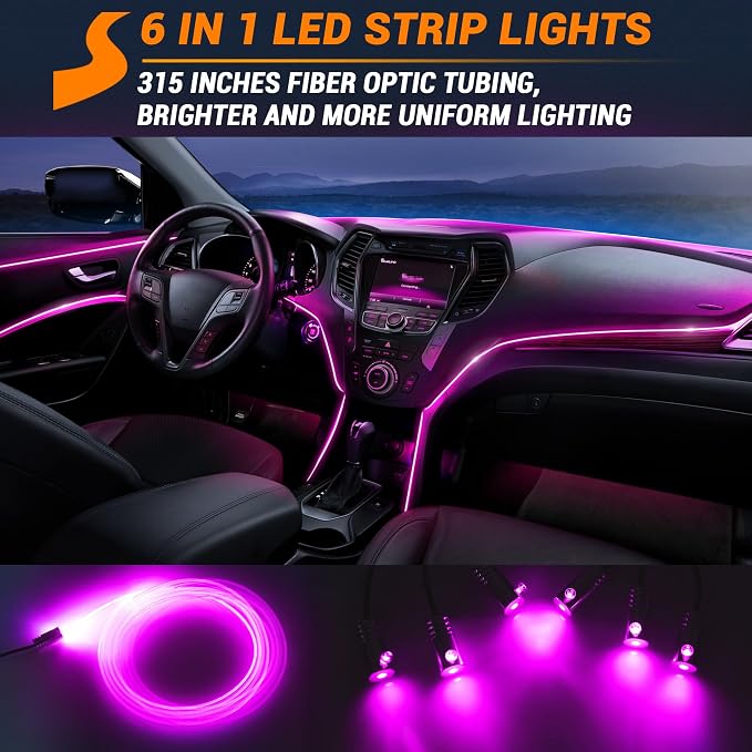 Interior Car LED Strip Lights 315 inches Fiber Optic tubing USB Powered RGB 6 in 1 Car Neon with Wireless APP and Remote Control, Ambient Lighting Kits 16 Million Colors,Sync to Music - Image 2