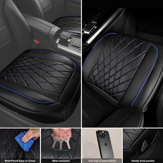 CAR PASS 2 Pack Leather Front Car Seat Covers, Bottom Seat Covers Full Wrapped with Storage Pocket, Anti-Slip PU Seat Protectors,Waterproof Seat Cushion Pad Universal Fit Sedan SUV Truck, Black/Blue - Image 3