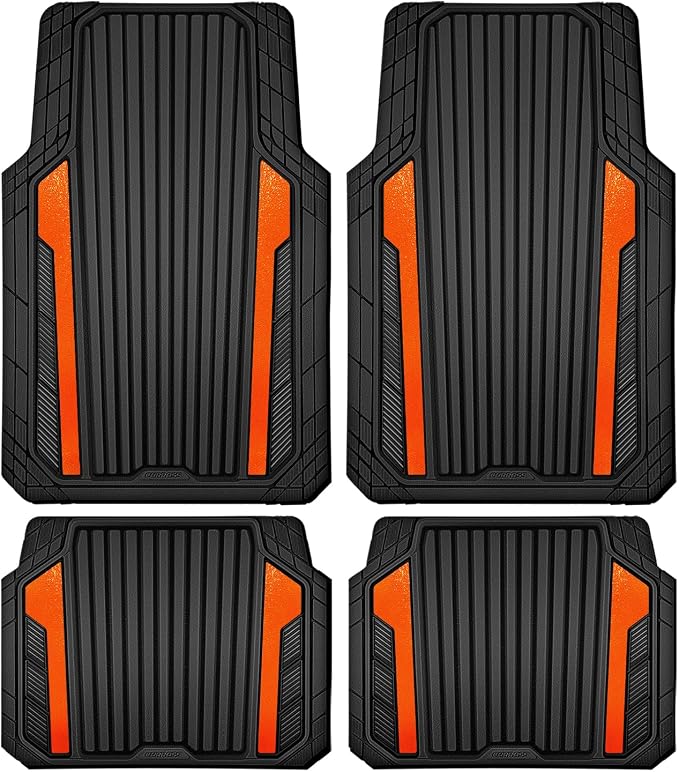 CAR PASS Heavy Duty Rubber Car Mats Metallic, Aluminum Film All Weather Floor Mats Waterproof Universal Trim to Fit SUVs Sedans Vans 4 Piece Anodized Deep Dish Two-Tone Sporty Black Orange Chrome - Image 9