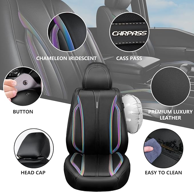CAR PASS Nappa Leather Car Seat Covers, Durable Waterproof Luxury Universal for SUV Pick-up Truck Sedan, Anti-Slip Driver 5 Seats Covers Full Set with Backrest (Black Chameleon Iridescent Reflective) - Image 2