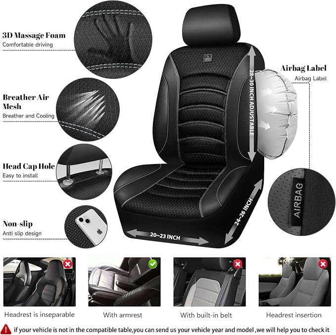 CAR PASS Comfortable 3D Foam Mesh Leather Car Seat Covers Front, Air Cool Mesh Breathable Front Seat Covers for Car, Universal Fit for SUV Truck Sedan Automotive, Airbag Compatible,Black Gray - Image 2