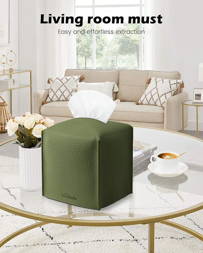 Tissue Box Cover for PU Leather, Modern Simple Solid Color Holder Square Tissue Bag, Ideal for Bathrooms,Office,Car,Nightstand,Outdoor Tent,Dining Table,5"X5"X5", Single Green - Image 3