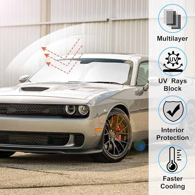 Windshield Sun Shade Sunshade for 2015-2023 Dodge Challenger | Full covered for windshield, Foldable & Durable, Block UV Rays, Reduce Heat, Easy to install, Keeps Car Cooler - Image 2
