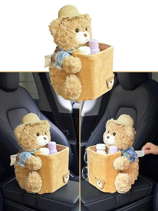 Cute Plush 2 in 1 Car Tissue Box and Trash Can Teddy Bear Tissue Box Plush Animals Cute Holder Plushie Multifunctional Organizer Creative Accessories for Women,Straw Hat Bear by Unknown