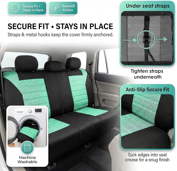 FH Group Automotive Car Seat Covers Rear Set Premium 3D Air Mesh Seat Covers, Airbag Compatible and Split Bench Cover Universal Fit Interior Accessories for Cars Trucks and SUVs - Mint - Image 4