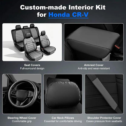 Custom Fit Seat Covers for Honda CRV 2017-2022 Front & Rear Set | Airbag Compatible,Faux Leather,5-Piece Set, Includes Neck Pillows, Armrest Cover, Steering Wheel Cover & Seat Belt Covers - Image 3