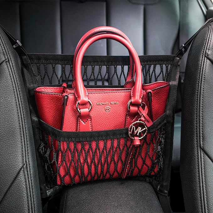 Car Organizer Between Front Seats, Purse Holder, Dog Barrier, Mesh Net Bag | AMEIQ Car Accessories, 3 Layers Net 2 Pockets Storage Bag, Purse Handbag Holder, Backseat Kid Pet Barrier, Black, Patented by AMEIQ