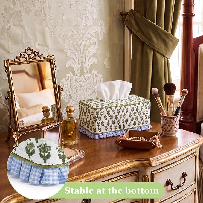 Block Print Fabric Tissue Box Cover, Hydrangea, Olive Green | Rectangular Ruffle Sleeve, Decorative Holder for Bathroom Vanity Car, Napkin Dispenser Grand Millennial Boho Decor Home - Image 5