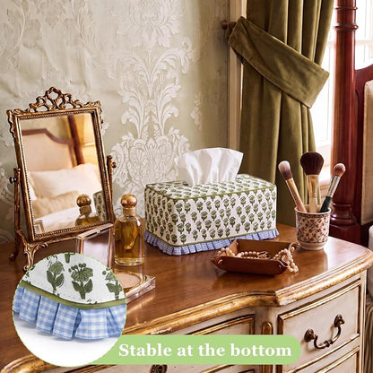 Block Print Fabric Tissue Box Cover, Hydrangea, Olive Green | Rectangular Ruffle Sleeve, Decorative Holder for Bathroom Vanity Car, Napkin Dispenser Grand Millennial Boho Decor Home - Image 5