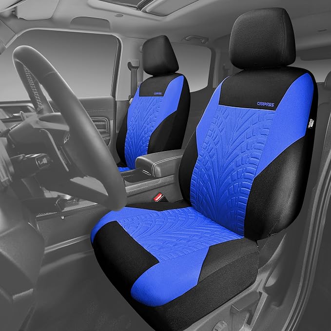 CAR PASS Car Seat Covers Two Front Only for Car, 3D Tyre Print Automotive Interior Covers, Airbag Compatible, Quick Setup Universal Fit Seat Covers for Car, Truck, SUV(Black and Blue) - Image 4