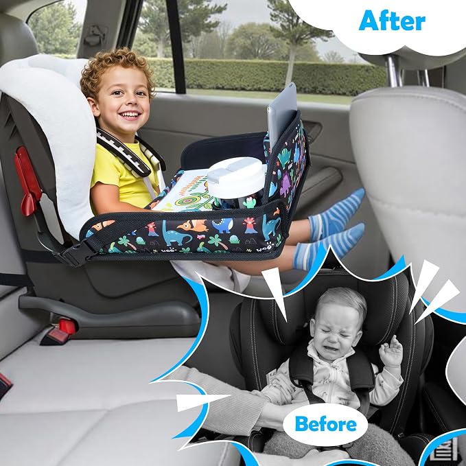 Kids Travel Tray for Carseat for Road Trip Activities, Dinosaur | Carseat Tray With 16.7" x 13.4" Smooth Dry Erase Board, Cup holders, Ddjustable Strap & Shoulder Carry Strap - Image 2